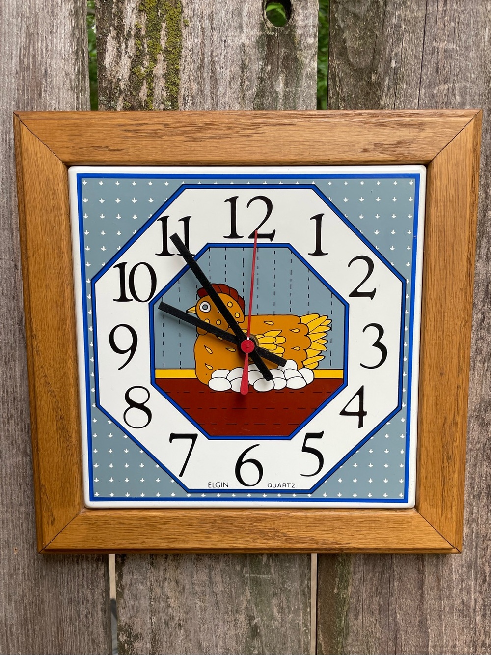Vintage Blue & Wood Chicken Wall Clock